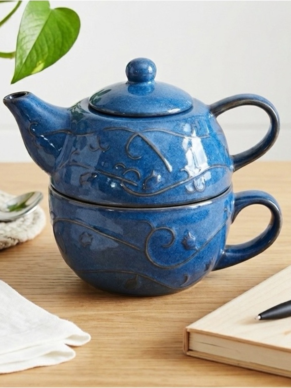 Pier 1 Vintage Blue Stoneware Tea For One Stackable Teapot Cup Scroll Design